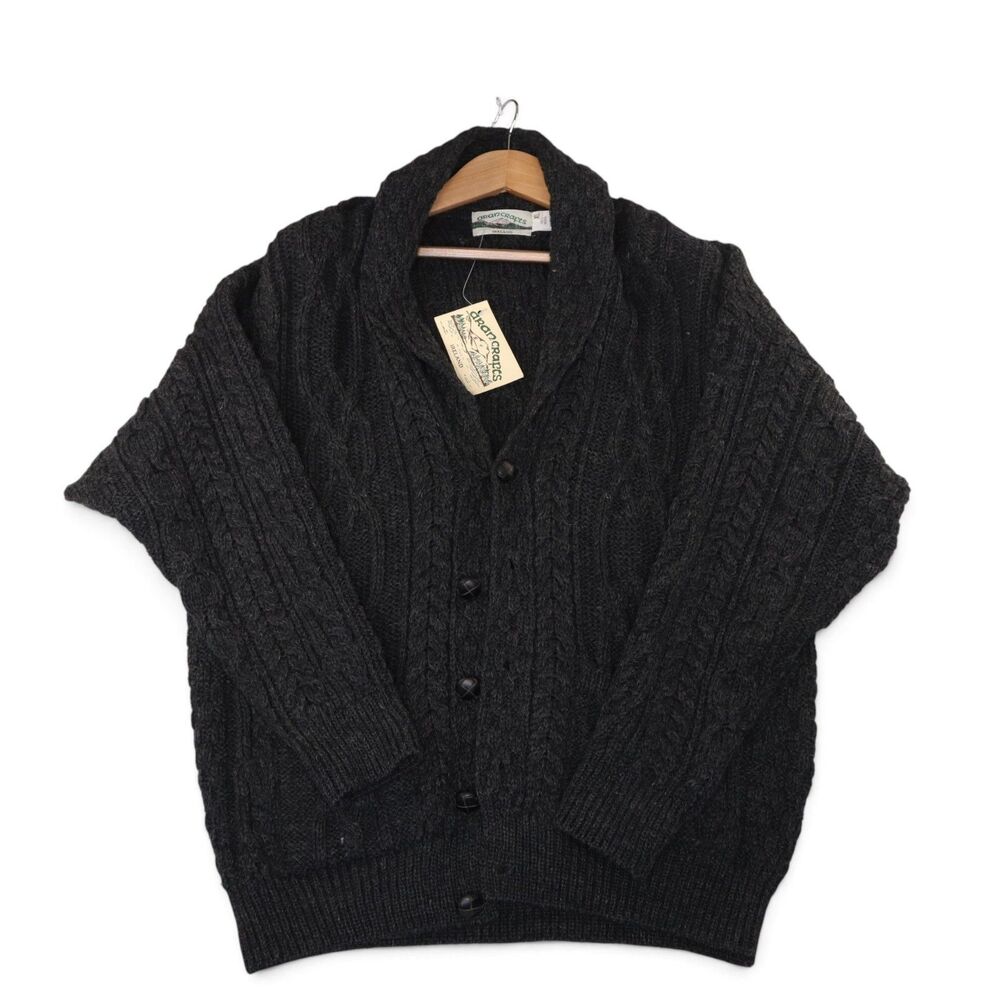Aran Crafts Women's XL Wool Black Cable-Knit Shawl-Collar Cardigan Sweater NWT